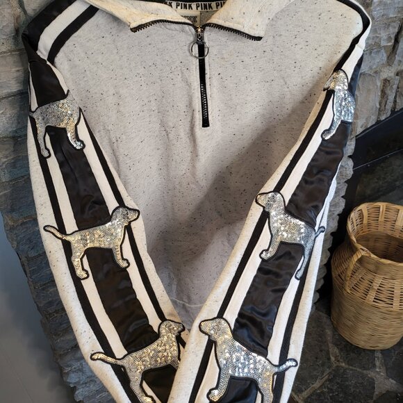 Victoria Secret Pink Bling Sequin Logo Dog Hooded Pullover 1/4 Zip Gray Black LG - Picture 7 of 12